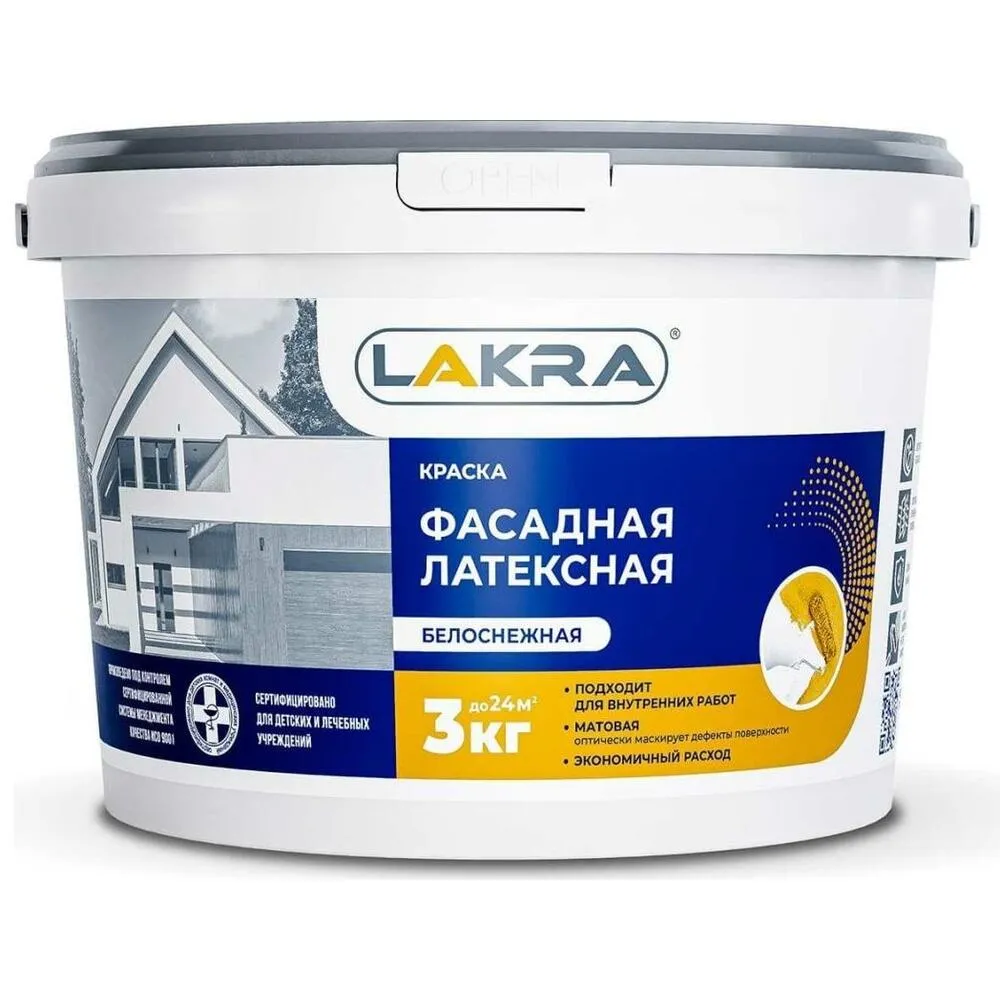Краска Лакра латексная фасадная белая  3кг: фотография 1