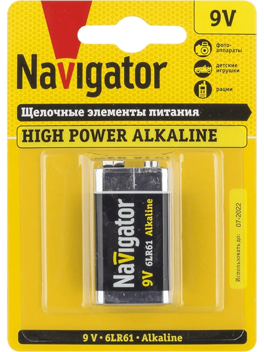 Элемент питания алкалиновый "крона" 6LR61 94 756 NBT-NE-6LR61-BP1 (блист.1шт) NAVIGATOR 94756: фотография 1