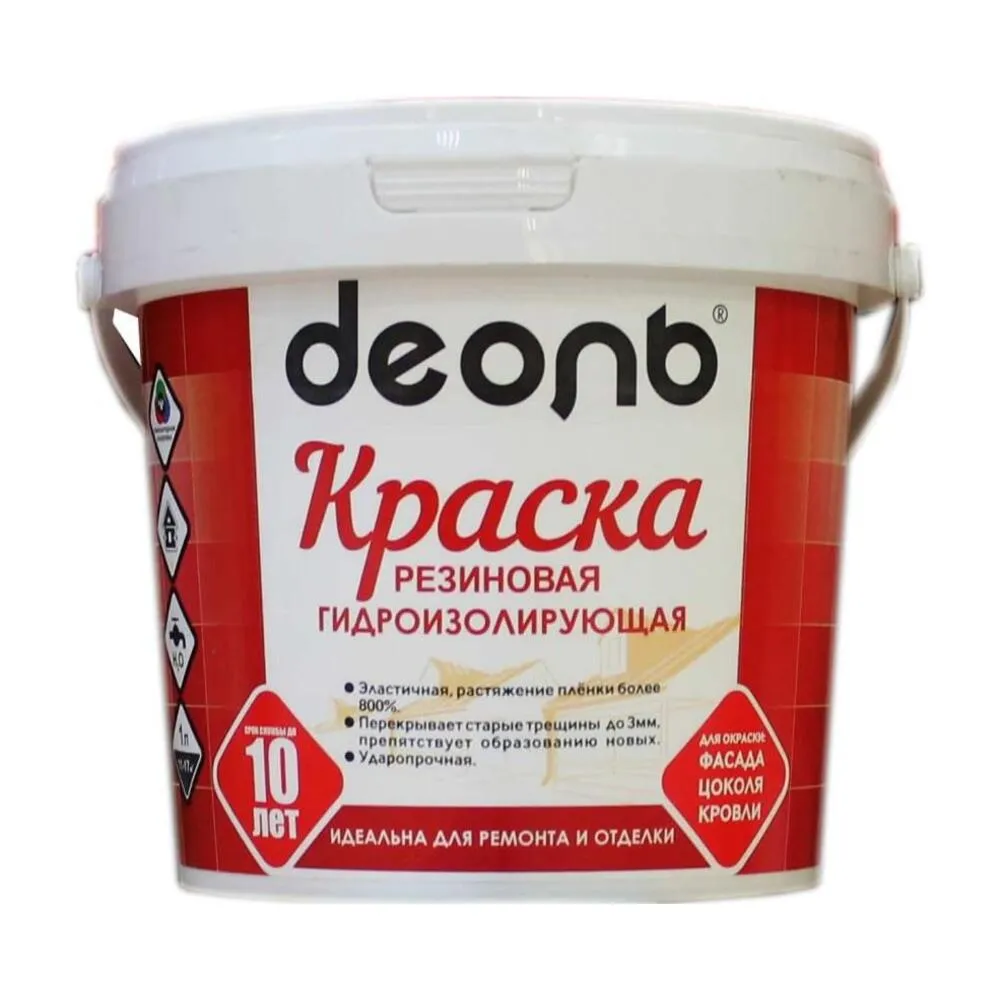 Краска РЕЗИНОВАЯ гидроизолирующая «ДЕОЛЬ» белая, эластичная, ударопрочная 0,9л : фотография 1