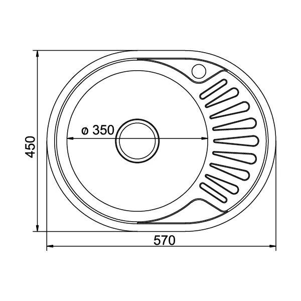 Мойка овал 450х570 левый выпуск 3 1/2" MIXLINE 160 мм с сифоном без гофры: фотография 0 превью