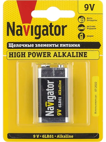 Элемент питания алкалиновый "крона" 6LR61 94 756 NBT-NE-6LR61-BP1 (блист.1шт) NAVIGATOR 94756: фотография 1